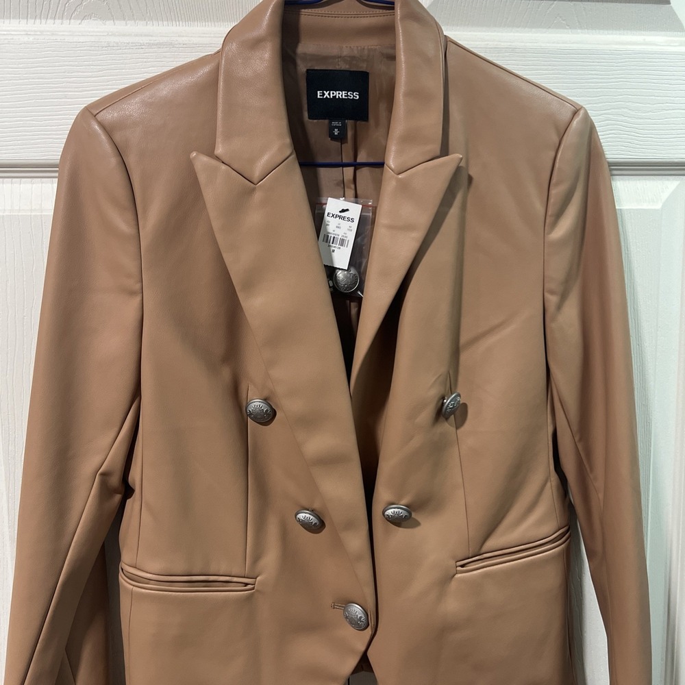 Express Faux Leather Double Breasted Blazer Camel Tan Size M NWT MRSP $99.99 - Picture 2 of 13